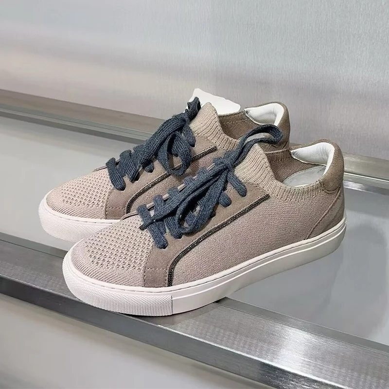 Mulheres malha respirável têni - Knit Fabric Lace Up Sneakers avaliação e preço